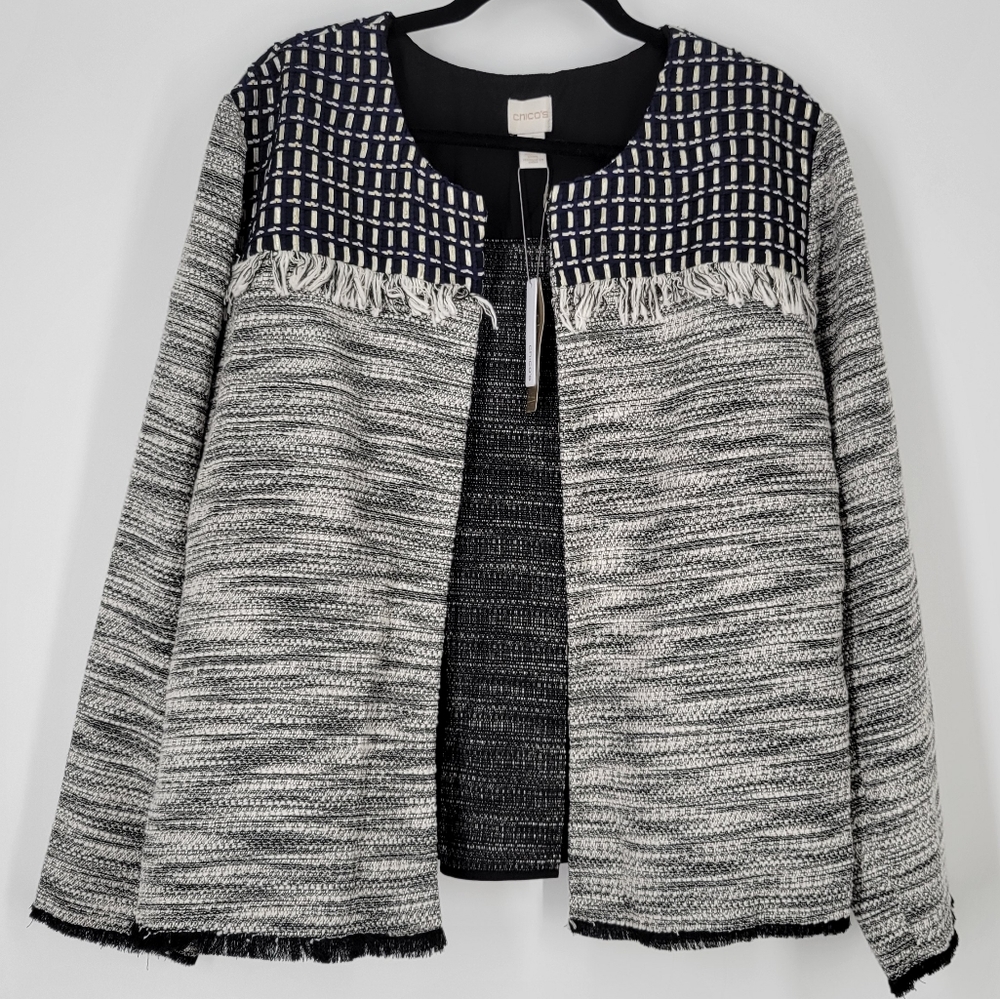 NEW Chico's Novelty Pieced Tweed Fringe Jacket Blazer Sweater Fall Shacket XXL